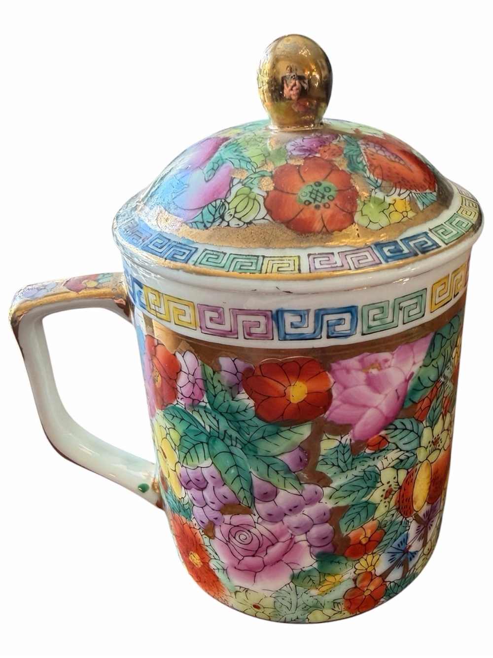 Chinese Famille Rose Millefleur Lidded Mug Jar Chinoiserie Floral Gold